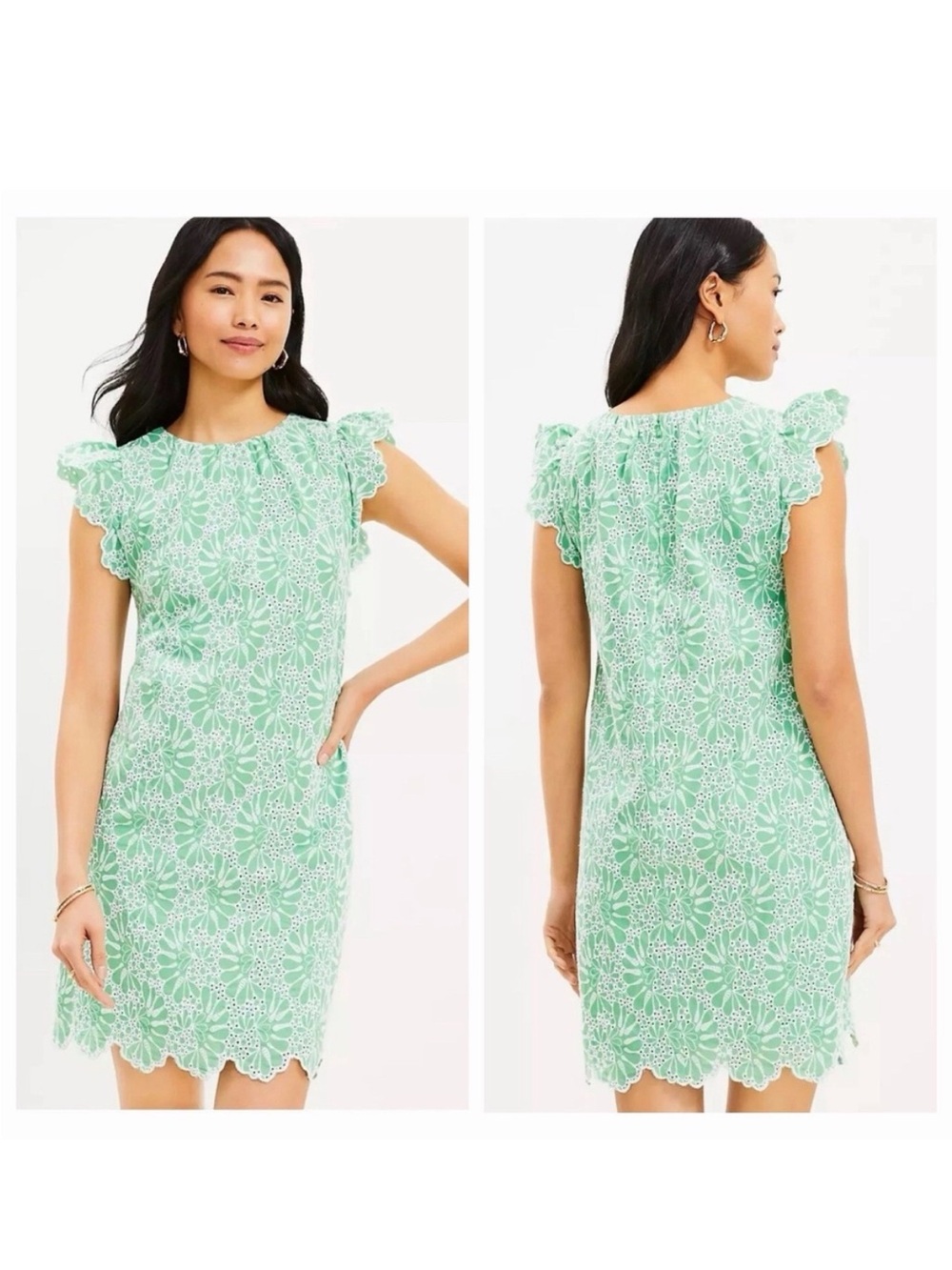 NWT LOFT Green & White Floral Lace Shift Dress with Ruffle Sleeves